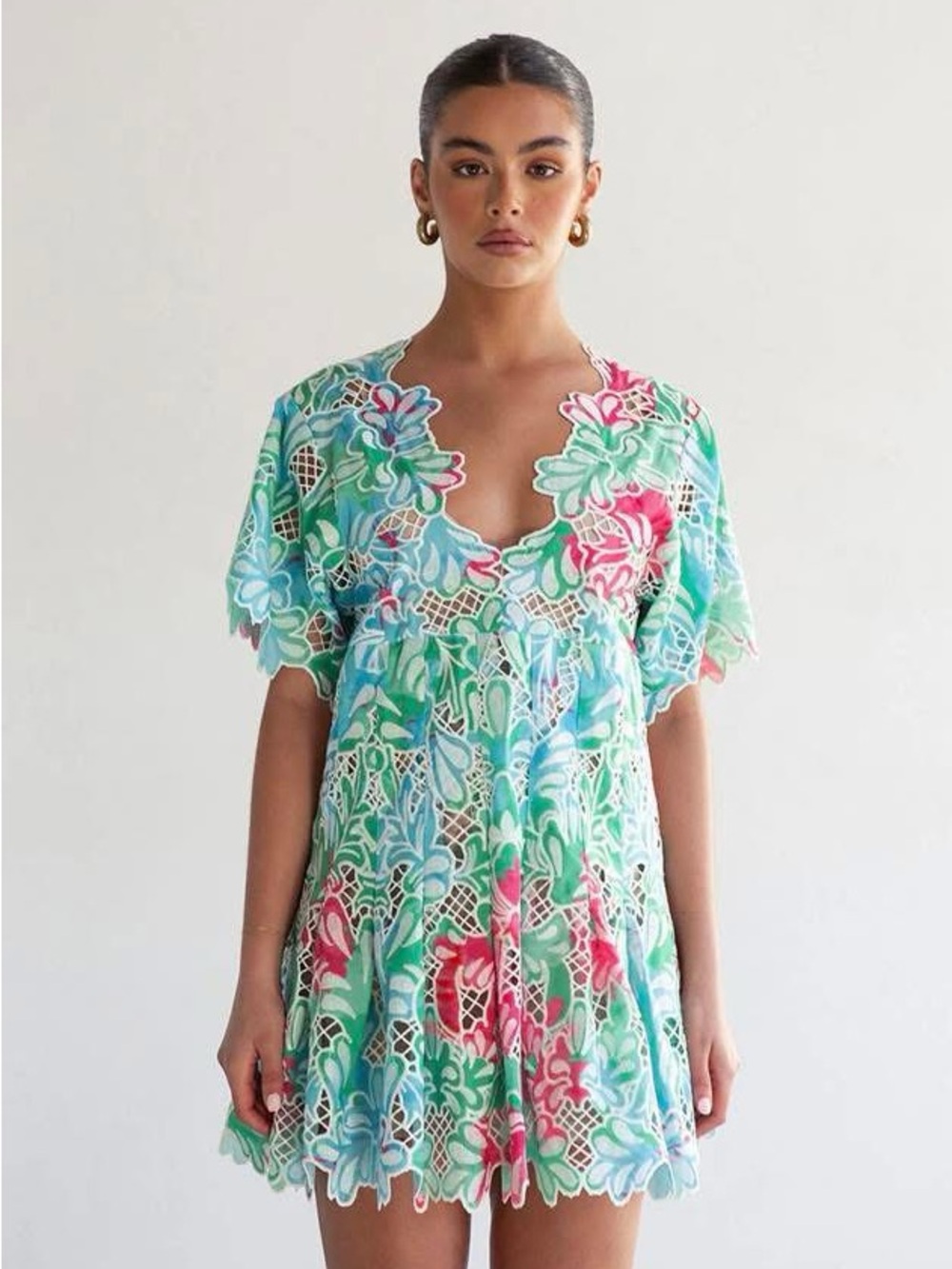 Zaco Gramercy Dress Floral Lace Overlay Mini Dress in Aqua & Coral